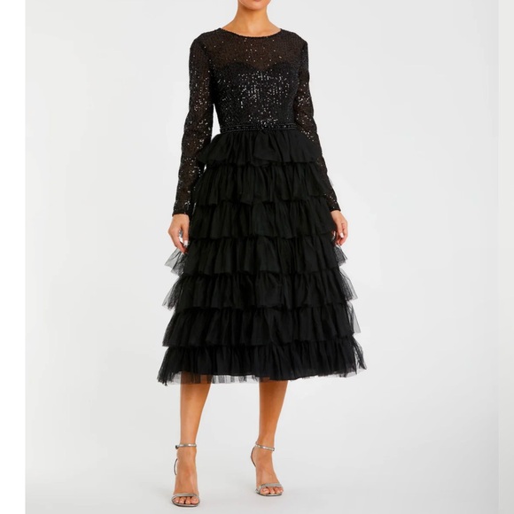 Mac Duggal Black Long Sleeve Ruffle Tiered Midi Dress Style 26299 - Reemoly